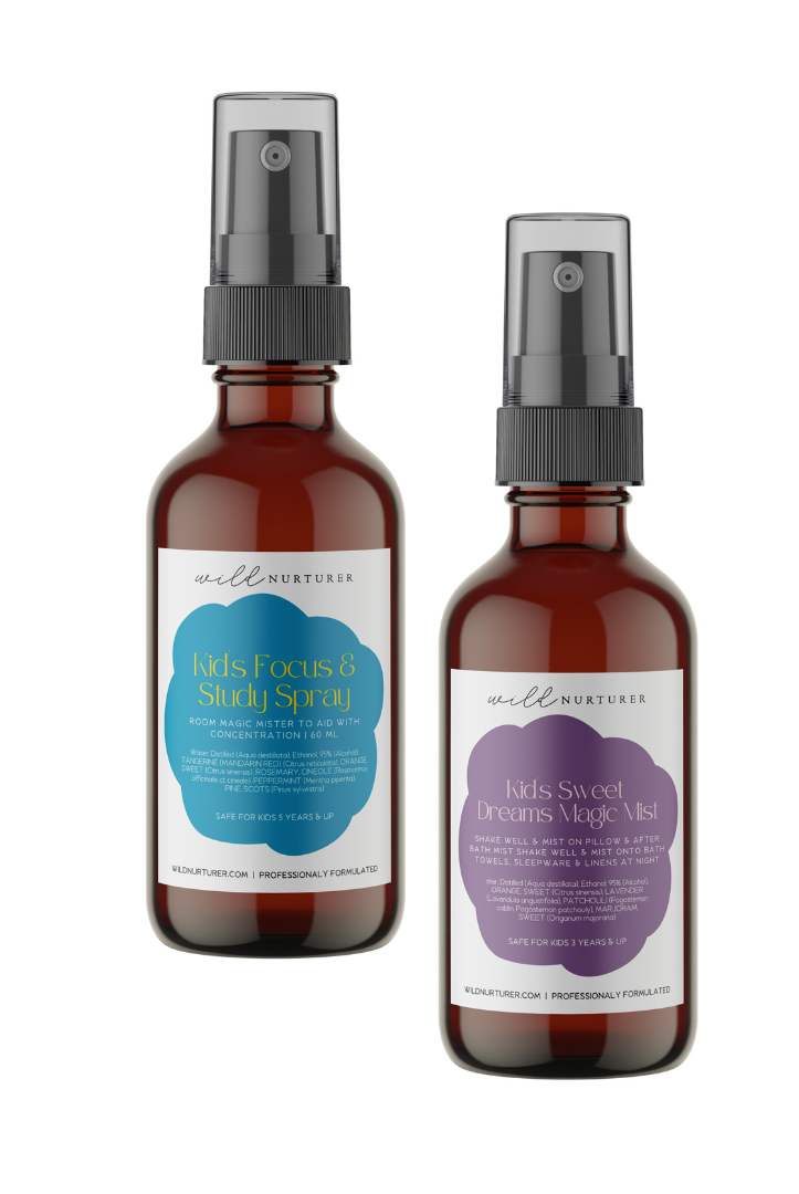 Two Kid's Magic Mists labeled "sweet dreams sleep mist" and "kids focus & study spray" by Wild Nurturer Aromatherapy, featuring Welle Naturelle aromatherapy against a white background.