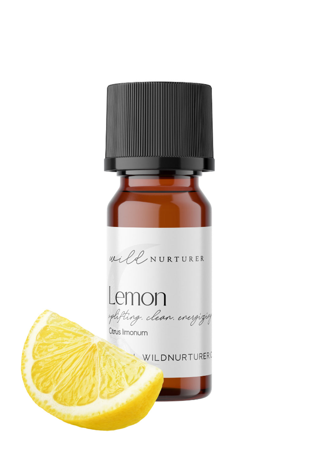 A small brown glass bottle labeled "100% Fresh & Pure Pours | Single Note Organic Essential Oil Collection lemon" with a black cap beside a fresh lemon wedge on a white background, by Wild Nurturer Aromatherapy.