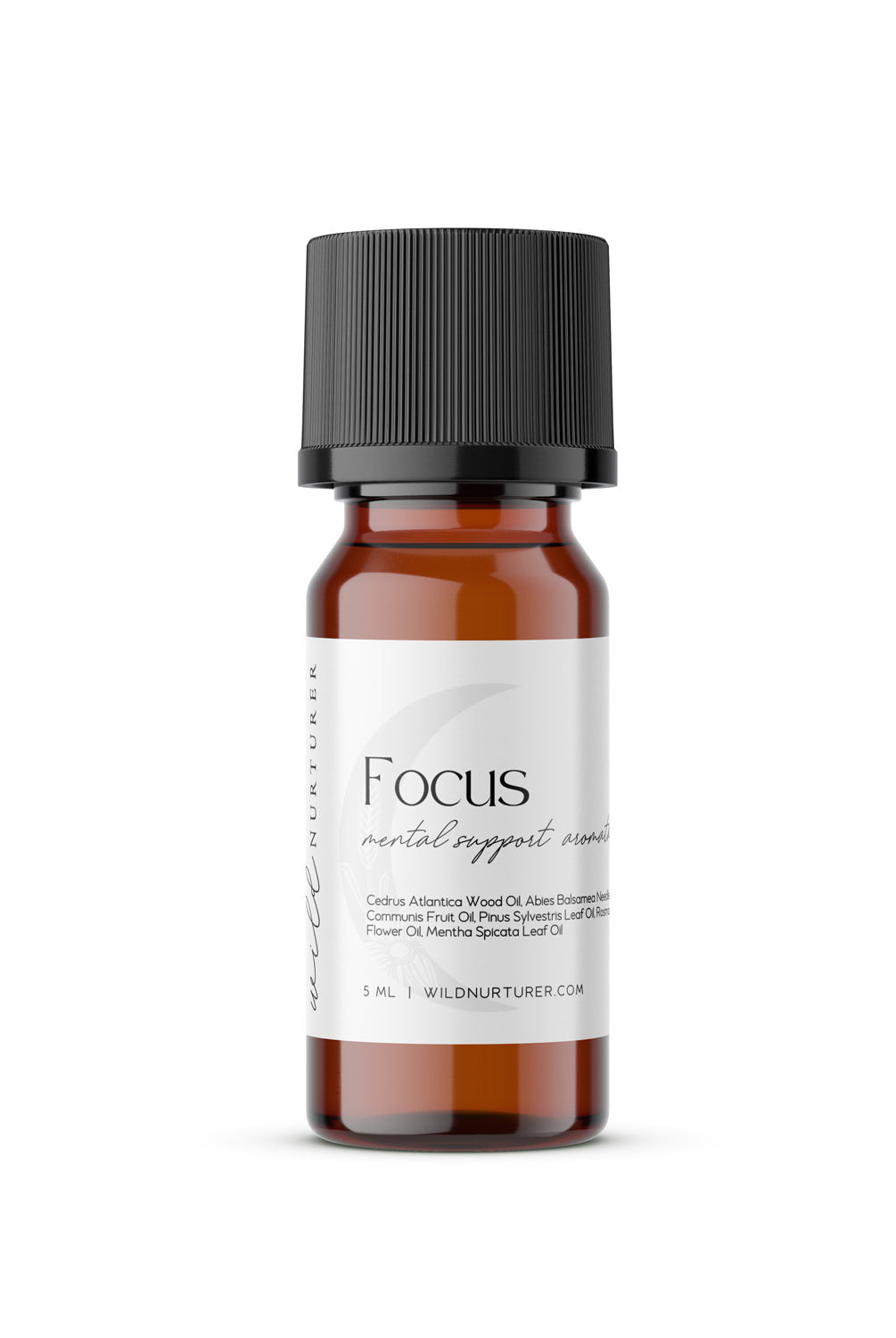 Two bottles of Wild Nurturer Aromatherapy's "Focus Blend" essential oil spray, one larger with a spray nozzle and one smaller with a dropper, both with white labels on a white background.