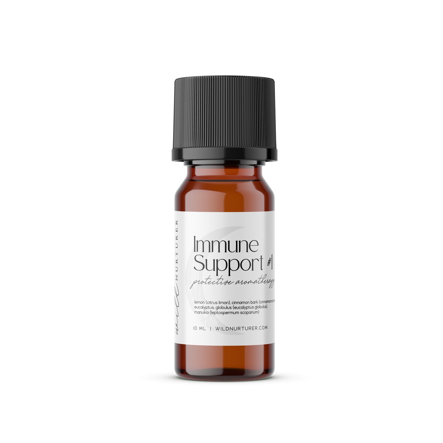 Four bottles of Wild Nurturer Aromatherapy's Immune Support Collection, labeled "immune support" 1 through 4, each containing 1 fl. oz of wild natural essential oil, arranged in a row on a white background.