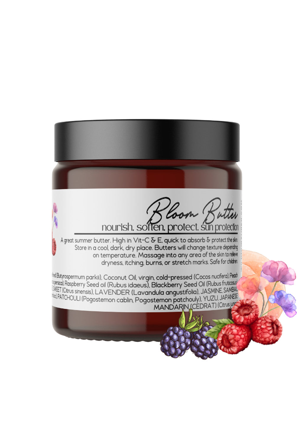 A jar of Bloom - 4oz Whipped Body & Feet Skin Repair Butter by Wild Nurturer Aromatherapy, with essential oil, illustrated berries, and ingredients listed on the label.
