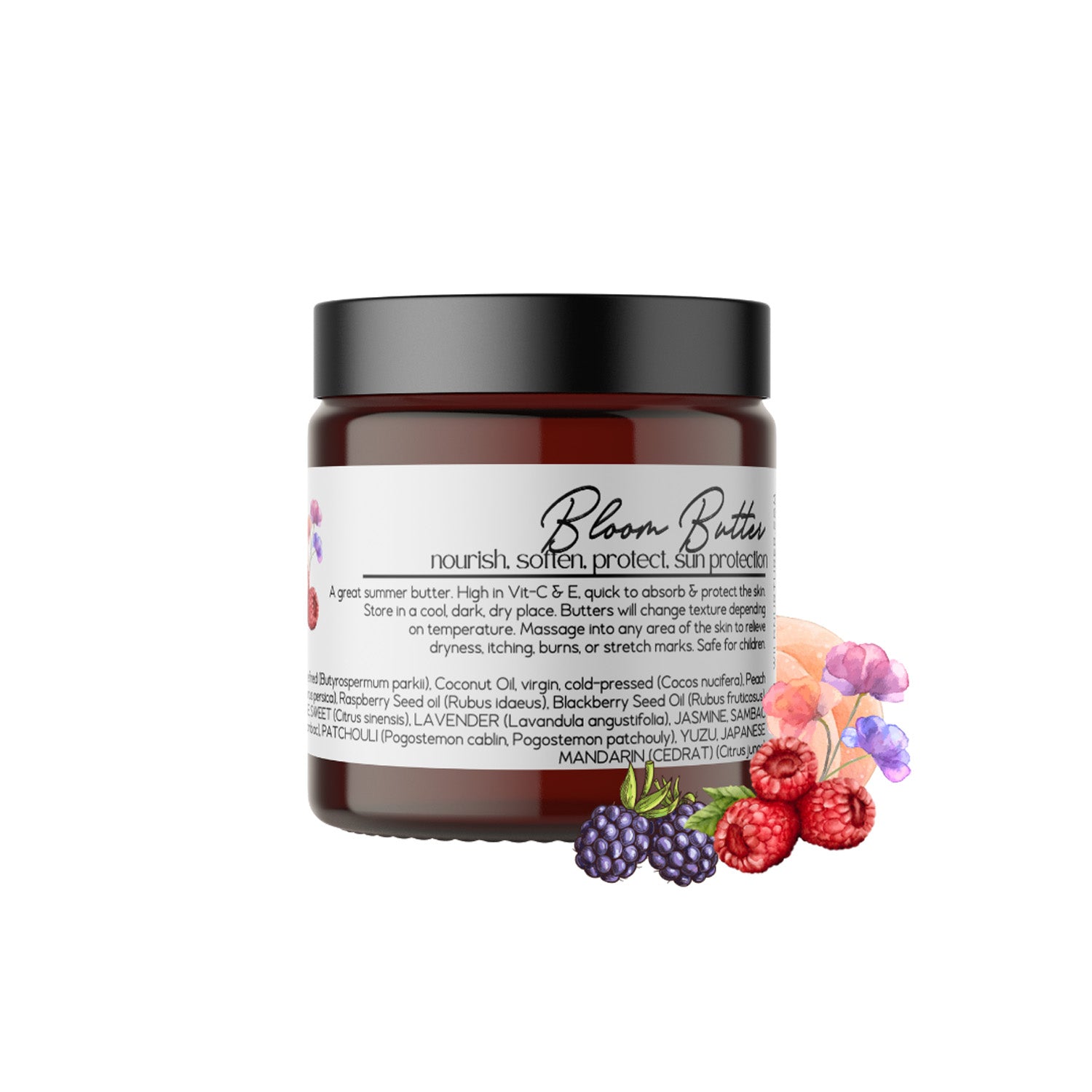 A jar of Bloom - 4oz Whipped Body & Feet Skin Repair Butter by Wild Nurturer Aromatherapy, with essential oil, illustrated berries, and ingredients listed on the label.