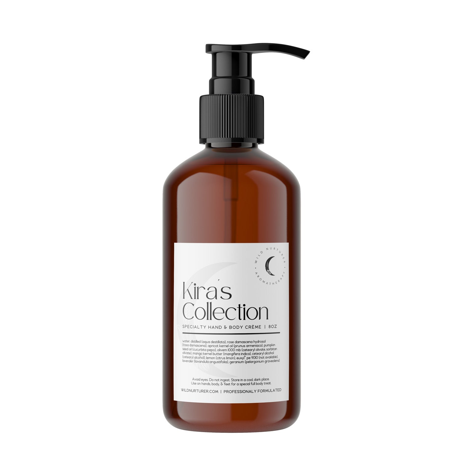 Brown bottle of Wild Nurturer Aromatherapy's Kira's Hand & Body Crème specialty hand soap with essential oil and a black pump, labeled in an elegant white font.