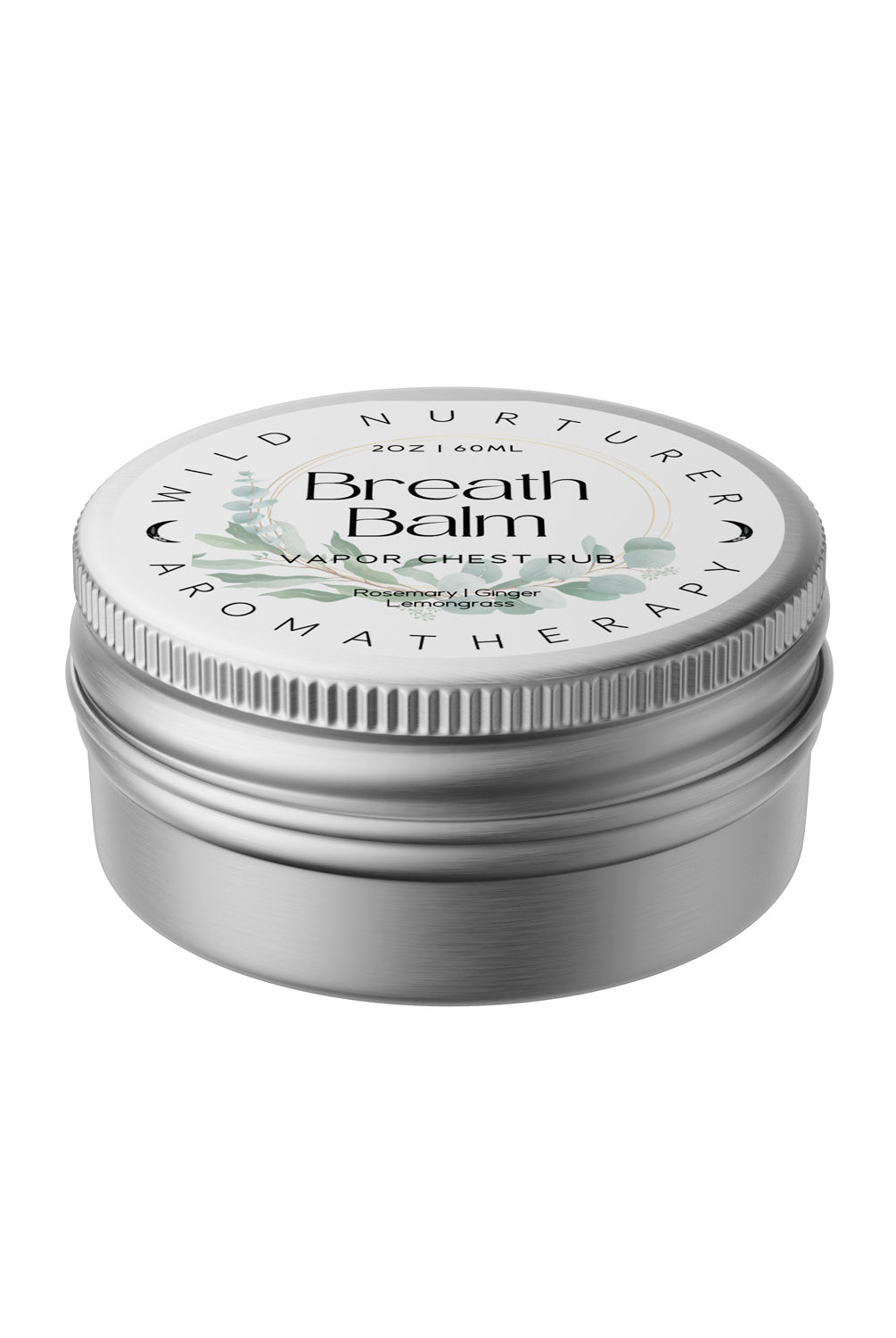 A small metal tin labeled "Breathe Rub: 2oz Chest & Head Vapor Rub | Upper Respiratory Ointment | Family Cold & Flu Support" by Wild Nurturer Aromatherapy on a white background.