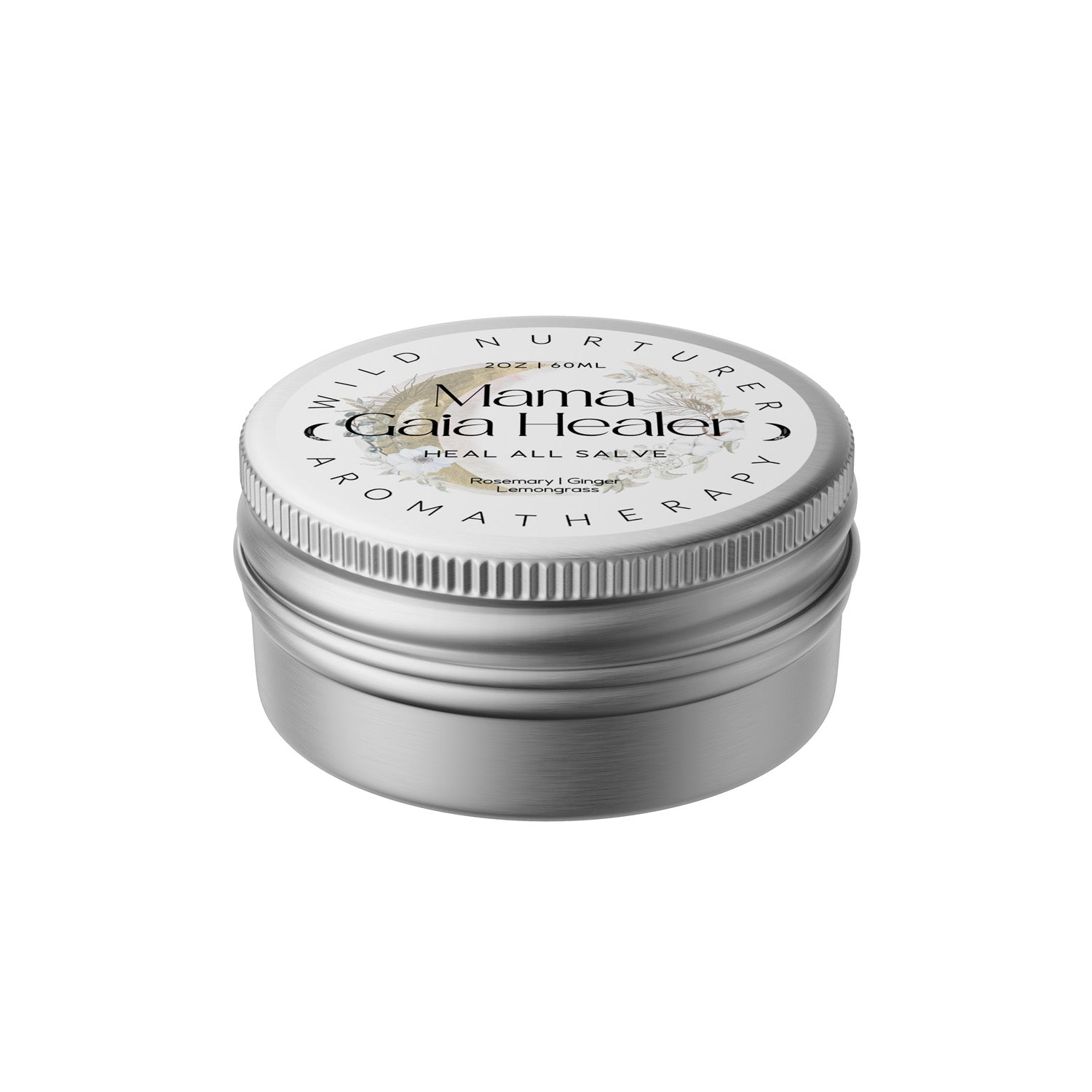 A closed metal tin of Wild Nurturer Aromatherapy Mama Gaia Healer Heal-All: Organic First-Aid Healing Salve, featuring essential oil and a detailed, embossed lid, isolated on a white background.